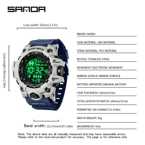 SANDA Men Outdoor Sports Watch Waterproof LED Analog Digital Show Multifunction Big Dial Electronic Wristwatch G style Male Cloc 