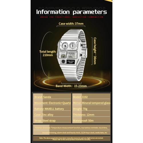 SANDA 3192 Hot-selling LED Electronic Square Men's Youth Casual Multi-function Thermometer Stopwatch Chronograph Men’s Watch