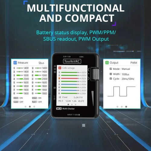 ToolkitRC MC8 Mini Batter Checker 32 Bit Battery Multi-Checker PWM Output PPM SBUS Readout Battery Display 
