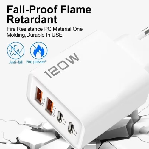 120W 4 Port USB Type C Charger Fast Charging Data Cable USB Phone Charger Adapter for Samsung IPhone Xiaomi Huawei Wall Charger 