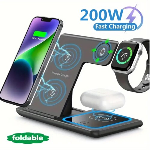 200W 3 in 1 Wireless Charger Stand Pad Foldable Fast Charging Station Dock For iPhone 16 15 14 13 12 11 X 8 Apple Watch Airpods 