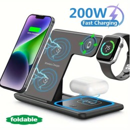 200W 3 in 1 Wireless Charger Stand Pad Foldable Fast Charging Station Dock For iPhone 16 15 14 13 12 11 X 8 Apple Watch Airpods 