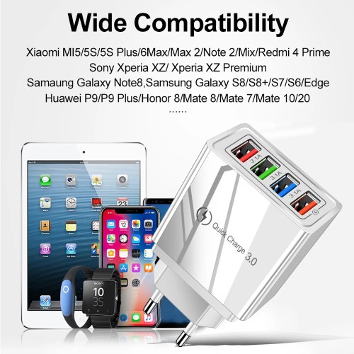 3A USB Charger 4 Port USB Quick Charge 3.0 EU US Plug Mobile Phone Charger Wall Adapter Portable Fast Charging For iPhone 16 Pro 