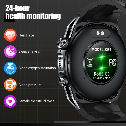 EIGIIS New Smart Watch KE6 1.43" AMOLED Display Men Black Sports Watch KE Series Bluetooth Call Health Monitor IP68 Waterproof 
