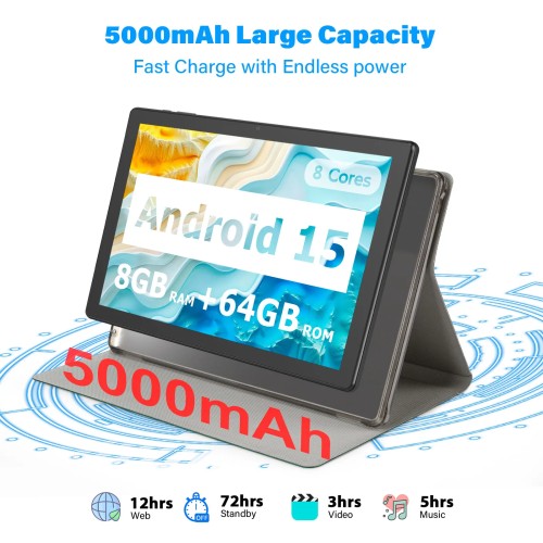 ANRY 10.1 Inch Tablet Octa-core Android 15 8GB(4+4 Expand) RAM+64GB ROM 5000Mah IPS Display A523 Dual Camera 5G Wifi 6 Tablet 