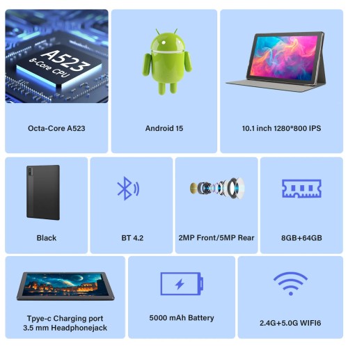 ANRY 10.1 Inch Tablet Octa-core Android 15 8GB(4+4 Expand) RAM+64GB ROM 5000Mah IPS Display A523 Dual Camera 5G Wifi 6 Tablet 