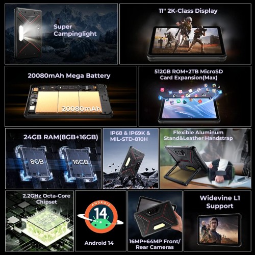 New HOTWAV R9 Plus Rugged Tablet Android14 11" FHD 2K+20080Mah Battery 20W Charge tablets 16MP+64MP Camera 8+512GB Camping light 