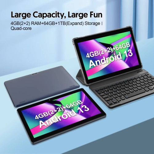 BAKEN Android tablet 10.1 inches, quad-core processor, 4(2+2)GB+64GB, 1TB expandable memory (need to be purchased separately)
