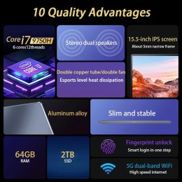 15.6 inch Laptop Intel Core i7-1255U i9-12900H Ultrabook Computer 2*DDR4 MAX 64GB RAM 2*M.2 2TB SSD Notebook Fingerprint unlock 