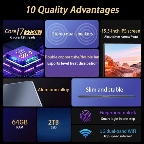 15.6 inch Laptop Intel Core i7-1255U i9-12900H Ultrabook Computer 2*DDR4 MAX 64GB RAM 2*M.2 2TB SSD Notebook Fingerprint unlock 