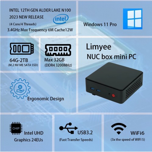 Mini Desktop Gaming Computer Portable Computer Mini PC Intel Alder Lake N100 Mini PC 4-Core 4-thread Gigabit 1000M Lan SSD 
