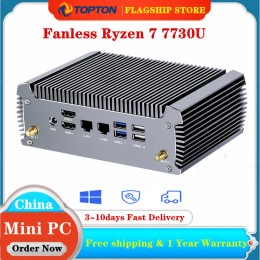 Fanless AMD Mini Gaming PC FU02 Ryzen 7 7730U 5825U Mini Computer Windows 11 Dual LAN Firewall Router 2*HDMI2.0 NVMe DDR4 WiFi6 