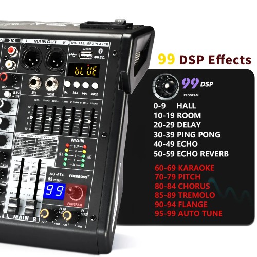Freeboss 4 Channel Mixing Console 99 DSP Effect USB Play PC Record Bluetooth Audio Sound Mixer Home Party 48V Mix Table  AG-AT4 