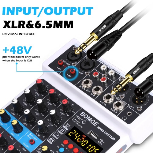 BBOMGE 4 Channel 24 DSP DJ Audio Sound Mixer Interface Mixing Console Desktop Karaoke with MP3 Input USB Bluetooth Input Stereo 