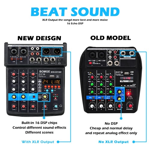 BBOMGE 4 Channel 24 DSP DJ Audio Sound Mixer Interface Mixing Console Desktop Karaoke with MP3 Input USB Bluetooth Input Stereo 