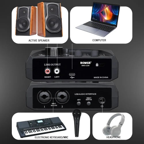 BOMGE mini 2 Channel USB Audio Interface sound card Recording Streaming and Podcasting with XLR/48V Phantom Power for Guitarist - 44