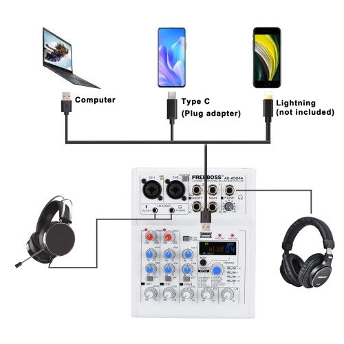 FREEBOSS Mixing Console Mobile Broadcast 4 Channel Bluetooth PC USB Play Record 88 DSP Digital Effect Sound Audio Mixer AG-AS04A 