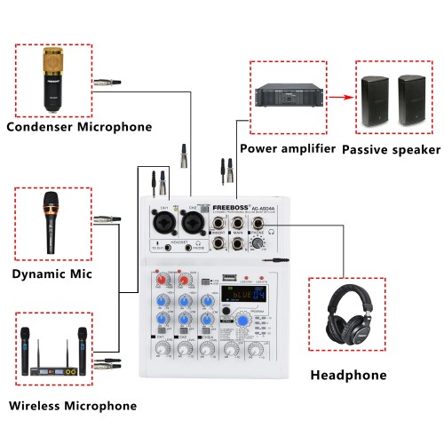FREEBOSS Mixing Console Mobile Broadcast 4 Channel Bluetooth PC USB Play Record 88 DSP Digital Effect Sound Audio Mixer AG-AS04A 
