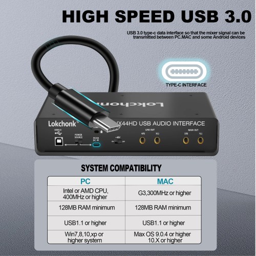 UX44 Audio Interface Sound Card 4-Channel Mixer 32-bit/192KHz for Game Voice,Podcast,Live Recording,Professional Studio Singing 