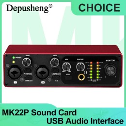 Professional Sound Card Depusheng MK22P USB Audio Interface 48v Phantom Power Supply for Live Studio Streaming Podcasts 