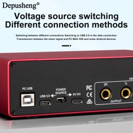 Professional Sound Card Depusheng MK22P USB Audio Interface 48v Phantom Power Supply for Live Studio Streaming Podcasts 