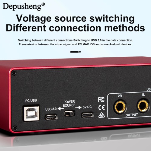 Professional Sound Card Depusheng MK22P USB Audio Interface 48v Phantom Power Supply for Live Studio Streaming Podcasts 