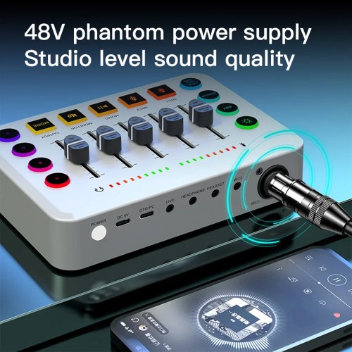 F9 Live Sound Card Voice Changed Colorful Light 48V Phantom Power Professional 5 Channel Sound Card Live Streaming Dj Equipment 
