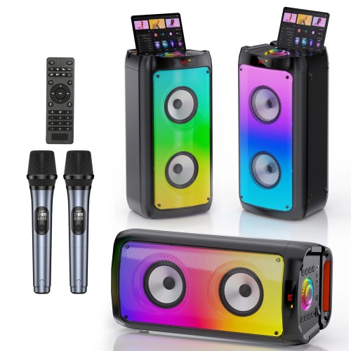 T10-T Karaoke Machine with 2 Wireless Microphones, Portable Bluetooth Speaker for Adults and Children, Large Party PA System