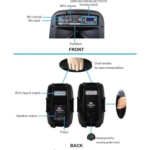 PRORECK Dance 12 Portable 12-Inch 1000 Watts 2-Way Powered PA Speaker System Combo Set with Bluetooth/USB/SD Card Reader/FM