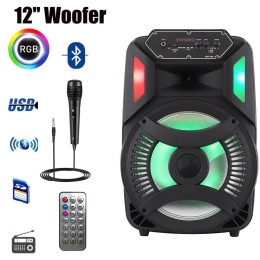 Loud Portable Bluetooth Party Speaker 12" Sub woofer Sound System karaoke Dj Rechargeable Speaker RGB Right with Mic 
