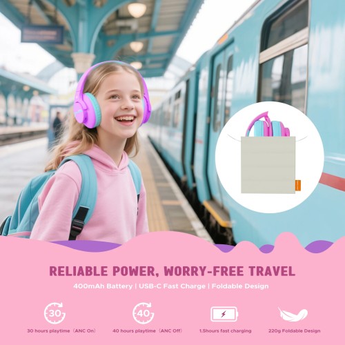 Kids ANC Wireless Over Ear Bluetooth Headphones Noise Cancelling Headphones & Hearing Protection for Travel/School Girls Gift 