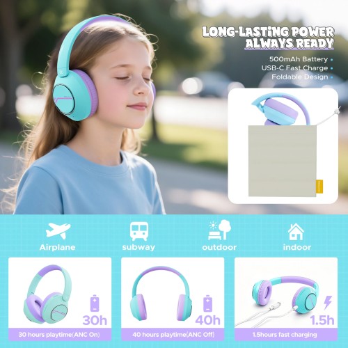 Nova1Pro Kids ANC Wireless Headphones Bluetooth 5.4 42dB Active Noise Cancellation Earphones with Mic 75/85/94dB Volume Limited 