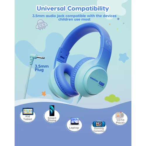 AWATRUE HK07 Kids Wired Headphones Stereo Sound Earphone with Mic Music Study Headset Limited Volume 74dB/85dB for Children 