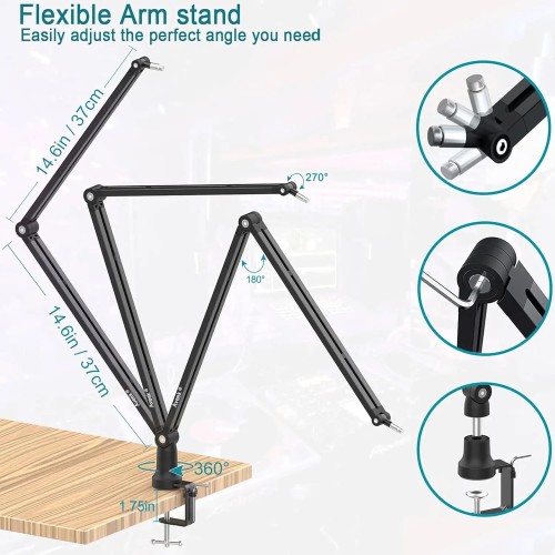 Boom Arm Mic Stand, Aveek Adjustable Desktop Metal Microphone Arm for HyperX QuadCast/Blue Yeti,Rotatable Scissor Microphone Arm 