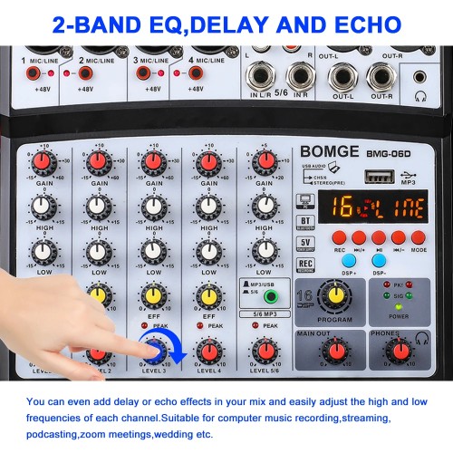 BOMGE 6 Channel 16 DSP Echo DJ Audio Sound Mixer Interface Mixing Console Karaoke With MP3 USB Bluetooth Stereo record 48V 