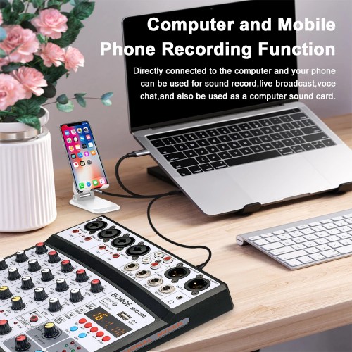 BOMGE 6 Channel 16 DSP Echo DJ Audio Sound Mixer Interface Mixing Console Karaoke With MP3 USB Bluetooth Stereo record 48V 