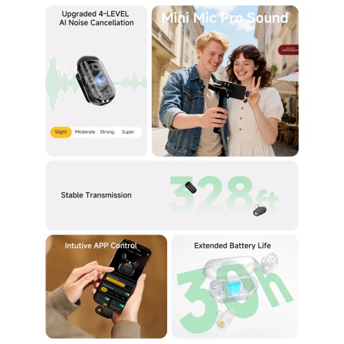 MAONO T1mini Wireless Lapel Microphone for Phone-Noise Cancellation Auto Clipping Function App Setting Audio Video Recording Mic 