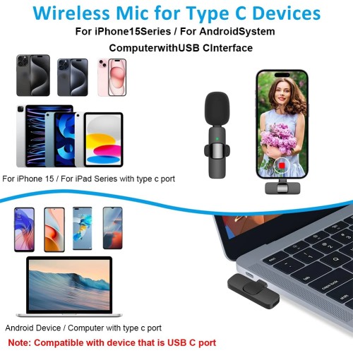 Lavalier Microphone Wireless Audio Recording Mic Type-C Charging Portable Noise Canceling Microphone for iPhone PC Tablet Camera 