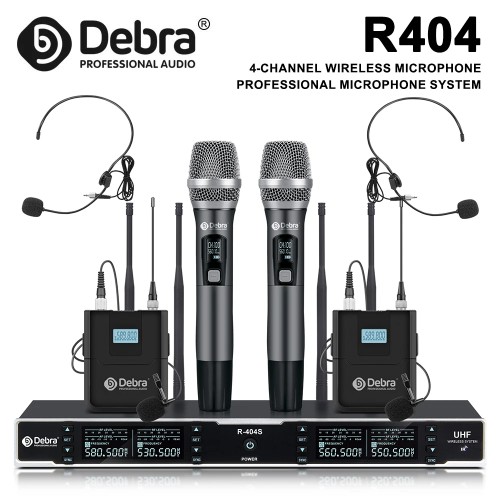 Debra R404 UHF Professional Wireless Microphone System with Conference/Lavalier/Headset Microphone for Stage, Host, Church 