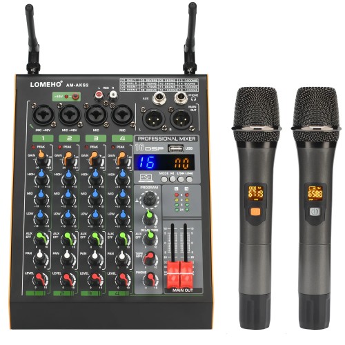 Professional 4 Channel Audio Mixer with UHF Wireless Microphone USB Bluetooth Karaoke System Sound Mixing Console LOMEHO AM-AKS2 