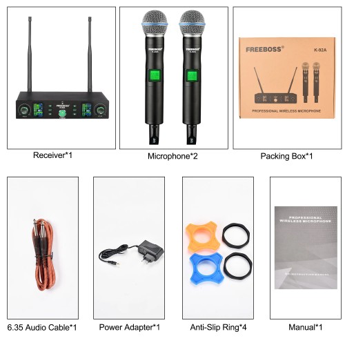 Freeboss Dual Way Wireless Microphone Dynamic UHF 2 Handheld Transmitter Cardioid Double Mic Church Karaoke Home Stage ​K-92A 