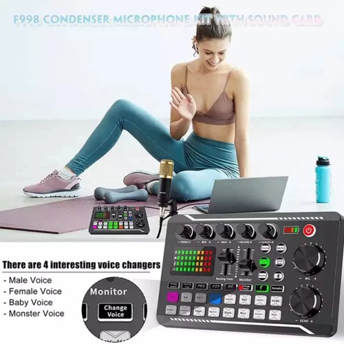 DJ Equipment Microphone Sound Card Console Studio Sound Card Kit Cable Phone Mixing Computer Live Voice Mixer F998 Sound Card 