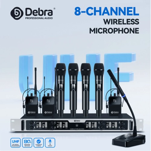 Debra DU8008 Wireless Handheld Microphone System, UHF 8-channel, Lavalier, Headset, Conference Microphone for Hosting, Karaoke 
