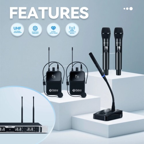 Debra DU8008 Wireless Handheld Microphone System, UHF 8-channel, Lavalier, Headset, Conference Microphone for Hosting, Karaoke 
