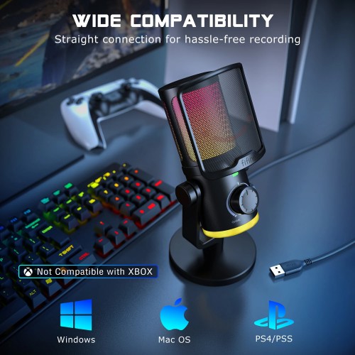 FIFINE USB Gaming Microphone with Noise Cancellation/RGB/Gain&Balance Knob,Condenser Mic for Streaming Podcasting-Ampligame AM6 