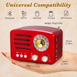 Small Retro Vintage Radio with Bluetooth, Portable Transistor Radio AM FM, Rechargeable Battery Operated, Support TF AUX USB MP3 