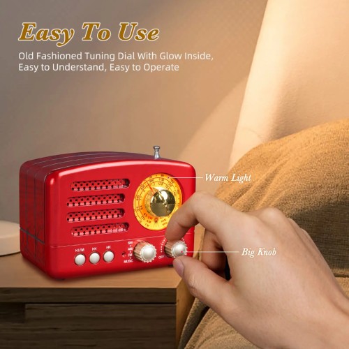 Small Retro Vintage Radio with Bluetooth, Portable Transistor Radio AM FM, Rechargeable Battery Operated, Support TF AUX USB MP3 
