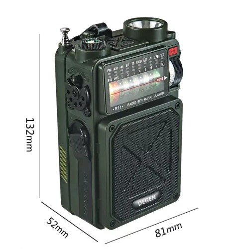 Degen R11 multi-function emergency portable outdoor Bluetooth TF card USB playback full-band solar radio 