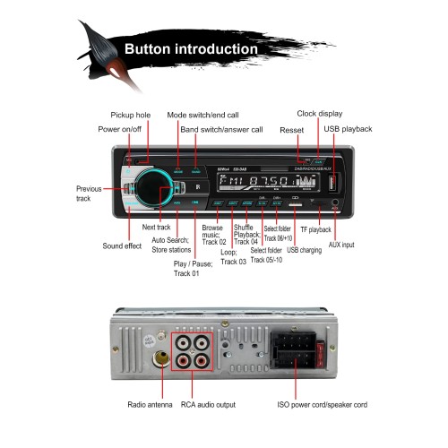 BQCC 1din Universal Car Radio MP3 Player DAB/FM/BT/AUX/USB/TF/Mobile Phone Charging 7 Color Lights Car Radio JSD520 