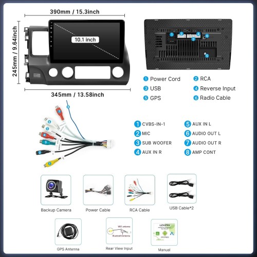 10.1 Inch Wireless Car Stereo for Honda Civic 2006-2011 CarPlay Android Auto Touch Screen Car Radio with Backup Camera GPS WIFI 